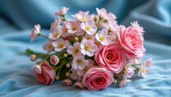 cloud like bouquet of baby's breath over soft blue velvet photo