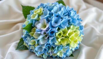 hydrangea bouquet in soft blues and greens on linen cloth photo