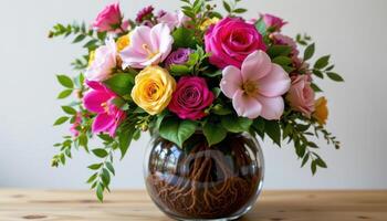 layered bouquet with visible root systems in clear base photo