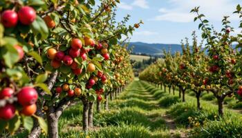 quiet orchard with fruit laden trees in early summer photo