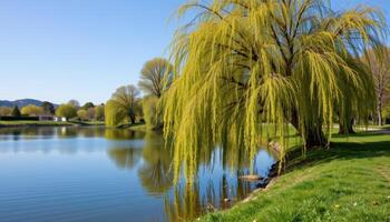 tranquil riverside with willows leaning over water photo