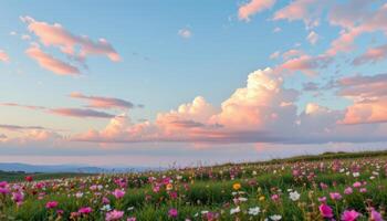 pastel colored sky over a quiet blooming meadow photo