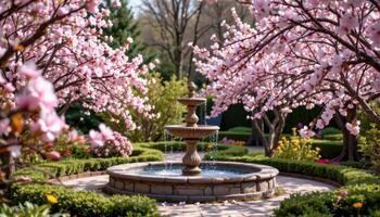 open garden with stone fountain surrounded by blossom trees photo