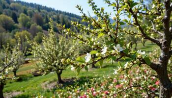 hillside orchard with new green leaves and scattered blossoms photo