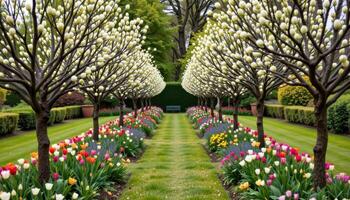 budding tulip trees lining a symmetrical garden path photo