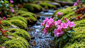 stream bordered by flowering azalea and soft green moss photo