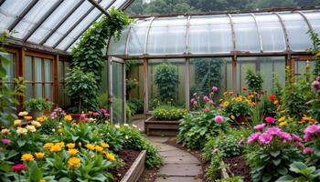 dew covered glass greenhouse surrounded by fresh garden beds photo