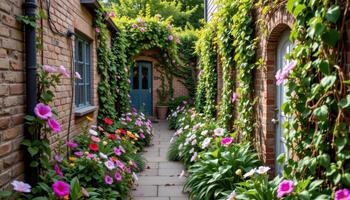 alleyway garden with overgrown spring vines and bright blooms photo
