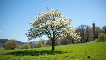 early blooming tree standing alone on a soft grassy field photo