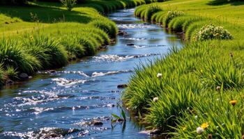 glassy summer river curving between grassy banks photo