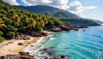 tropical coastline with turquoise water and palm shadows photo