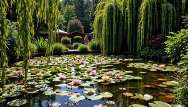 water lily covered pond surrounded by weeping willows photo