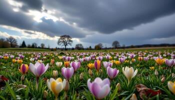 freshly rained on field of crocuses under dramatic sky photo