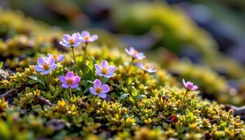 delicate wildflowers peeking through fresh spring moss photo