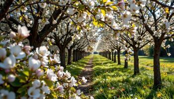 soft sunbeams through a flowering almond grove photo