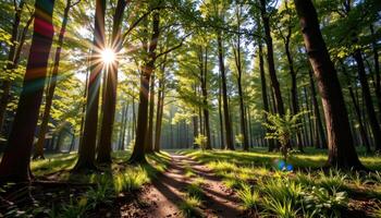 sunlit forest path with tall green trees and dappled shadows photo
