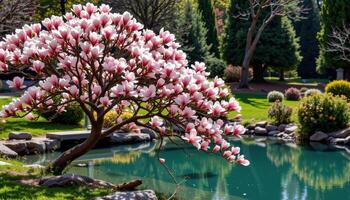 flowering magnolia tree next to a crystal clear pond photo