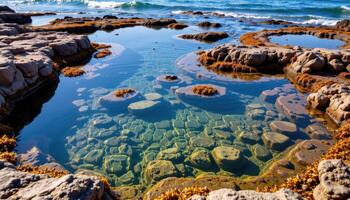 coastal tide pools filled with clear water and seaweed photo
