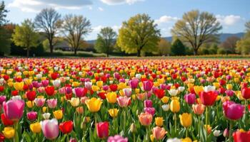 meadow filled with multicolored tulips under a soft blue sky photo