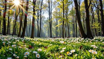 spring forest with sunbeams hitting patches of wild daisies photo