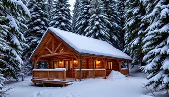 snow dusted wooden cabin surrounded by tall evergreens photo