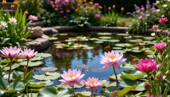 serene garden pond surrounded by blooming lilies photo