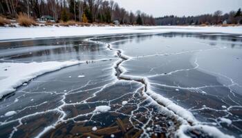 thin ice sheets cracking under snow on a shallow pond photo