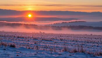 icy mist rolling over snow covered fields at dawn photo