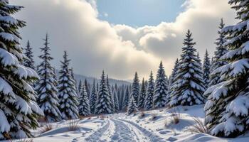 snow covered pine forest with low hanging cloud mist photo