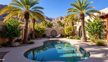 desert oasis with a small clear pool surrounded by palm trees photo