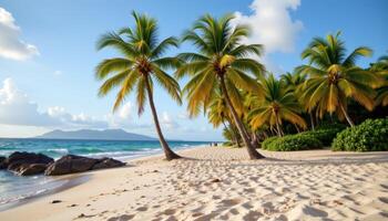 tropical beach with palm trees bending in a gentle breeze photo