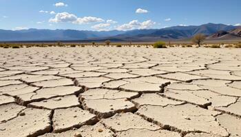 desert plain with cracked dry earth and distant mountains photo