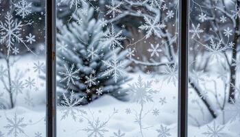 icy patterns etched on windowpanes against snowy background photo