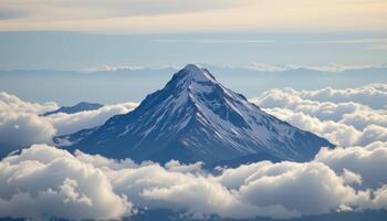 snow capped mountain peak piercing through cloud layers photo