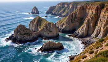 coastal cliffs with waves breaking against jagged rocks photo