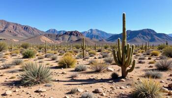 rocky desert plain with sparse cactus and bright blue sky photo