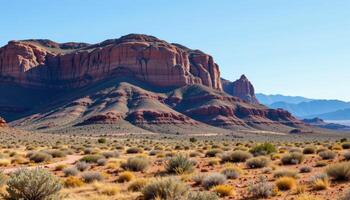 desert mesa with layered rock strata and sparse vegetation photo