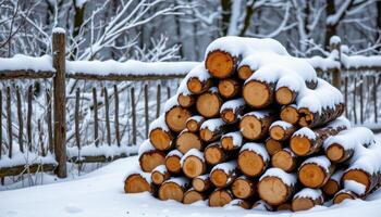 snowy log pile stacked beside a frost covered fence photo