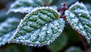 ice crystals forming delicate patterns on frozen leaves photo