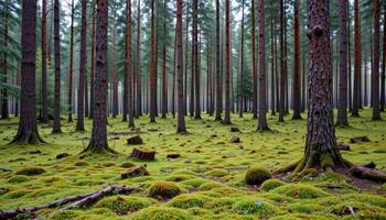 dense pine forest with a carpet of green moss on the ground photo