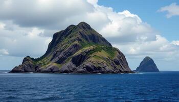 rocky island rising sharply from a deep blue sea photo