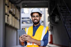 Happy engineer builder in helmet standing near building with tablet in hands, arab work foreman looking and smiling at camera, senior project worker designer leader concept. photo