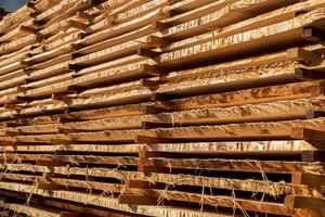Wooden planks are stacked neatly in a lumber yard, drying under the warm sun, ready for use in various construction projects photo