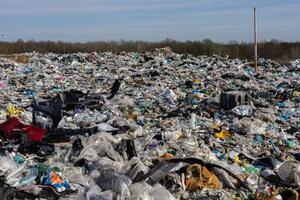 Piles of trash and plastic debris cover the landfill, demonstrating the impact of pollution on the local ecosystem and sanitation management photo