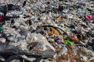 A vast landfill filled with layers of plastic waste and garbage, illustrating the serious issue of pollution and the need for recycling solutions photo