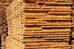 Piles of neatly arranged wooden planks reflect the golden light of a sunny day in a busy lumber yard, showcasing their natural beauty photo