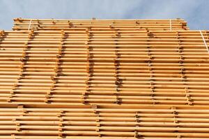 Rows of neatly stacked lumber are visible at a supplier yard, showcasing various dimensions under a clear blue sky during daylight photo