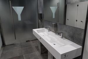 A contemporary bathroom showcases a clean, spacious design with dual sinks, sleek faucets, and frosted glass in an urban interior photo