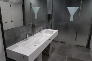 Modern bathroom showcases a spacious layout with minimalist design elements, featuring dual sinks and frosted glass for privacy photo