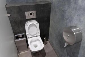 This setup showcases a modern restroom with a minimalistic toilet and waste disposal, highlighting hygiene and simplicity in design photo